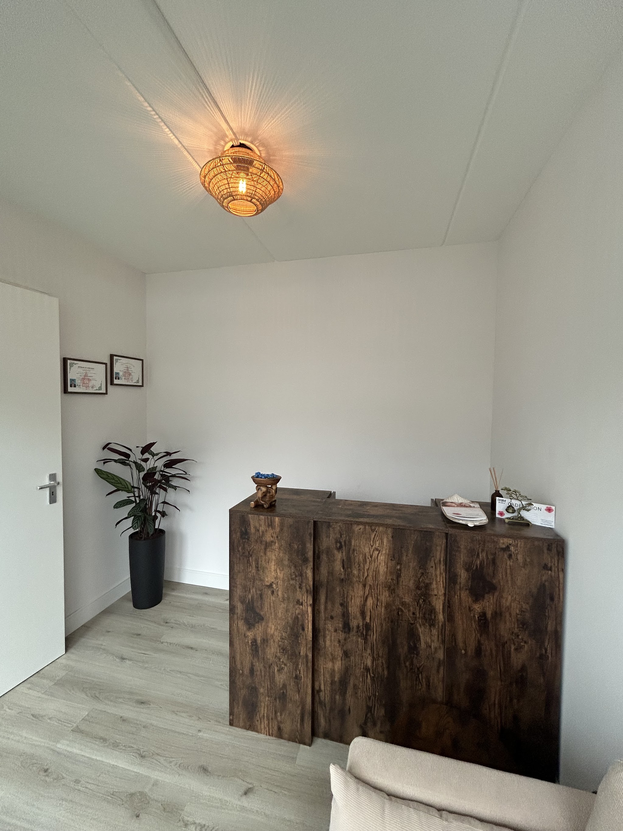 De donkere houten balie met een plant